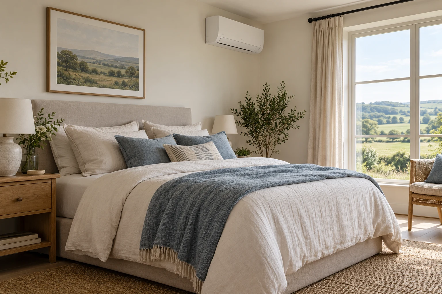 Illustrative bedroom with a wall-mounted air conditioning unit